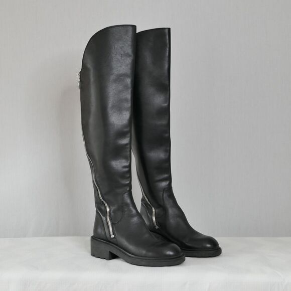 ASH Seven Black Leather Over-The-Knee Moto Boots Sz 37 US 7M 2 Zippers Lug Sole - Picture 8 of 10